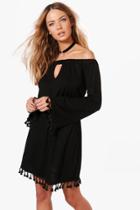 Boohoo Emilie Off The Shoulder Cut Out Tassel Trim Dress Black
