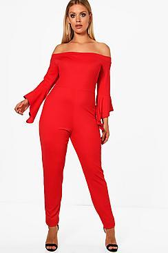 Boohoo Plus Arabella Crepe Off Shoulder Frill Jumpsuit