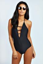 Boohoo Brazil Criss Cross Front Bathing Suit Black