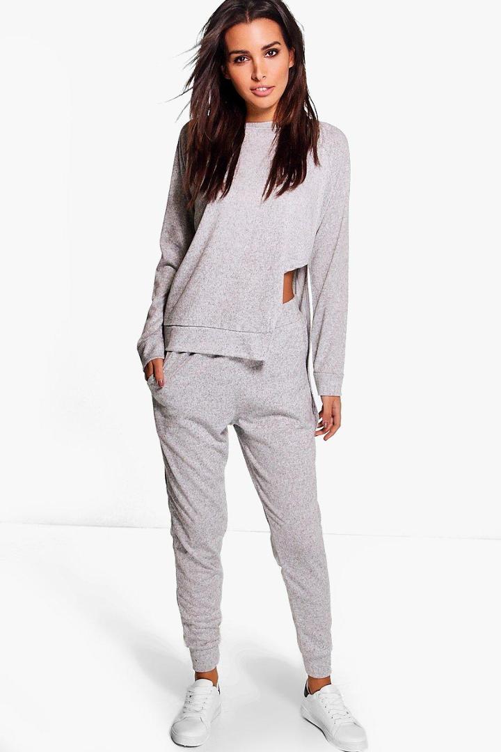 Boohoo Alice Asymmetric Jumper & Jogger Lounge Set Grey
