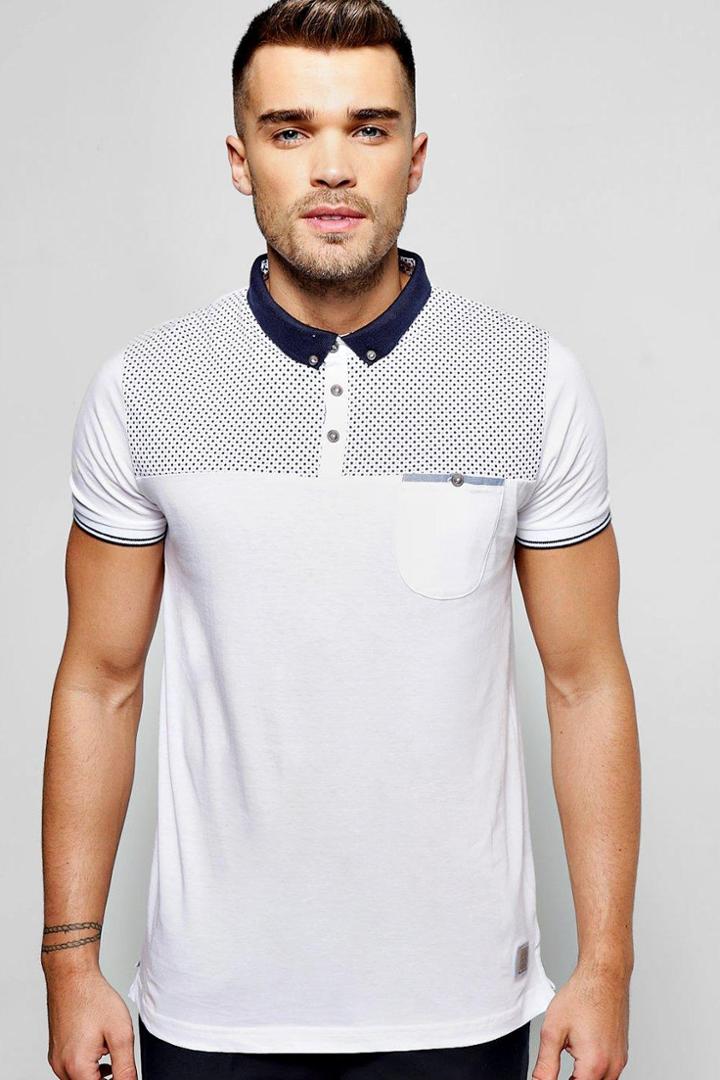 Boohoo Polo T Shirt With Yoke Print & Pocket White