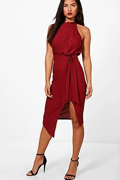 Boohoo Orla Crepe High Neck Wrap Detail Midi Dress