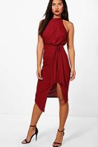 Boohoo Orla Crepe High Neck Wrap Detail Midi Dress