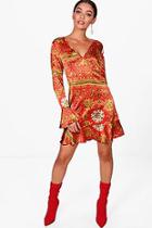 Boohoo Denise Scarf Print Tie Front Tea Dress