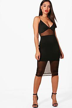 Boohoo Grace Strappy Mesh Panel Bodycon Midi Dress