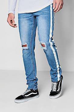 Boohoo Skinny Fit Jeans W/ Ripped Knees & Print Stripe