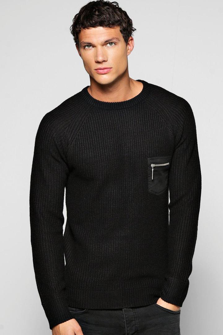Boohoo Fisherman Rib Jumper With Patch Pockets Black