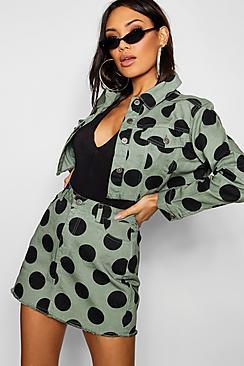 Boohoo Green Polka Dot Denim Skirt