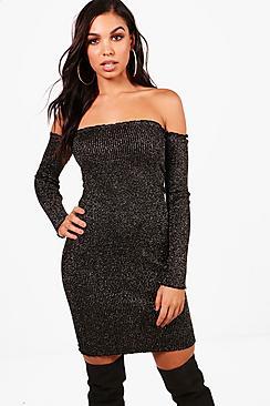 Boohoo Ava Metallic Rib Knit Ruffle Bardot Dress
