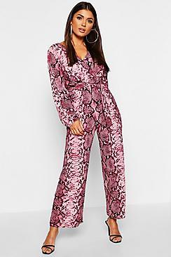 Boohoo Snake Print Wrap Belted Jumpsuit