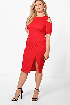 Boohoo Plus Iris Crepe Cold Shoulder Wrap Midi Dress