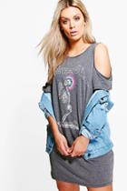 Boohoo Plus Melissa Open Shoulder Printed T-shirt Dress Charcoal