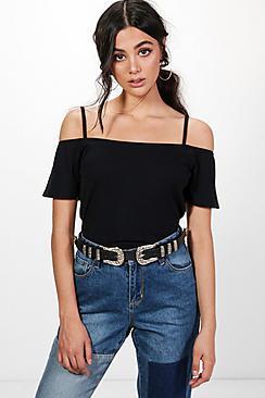 Boohoo Holly Strap Shoulder Bardot Knitted Top