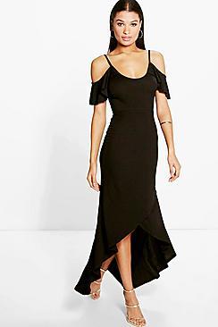 Boohoo Evie Open Shoulder Frill Detail Wrap Maxi Dress