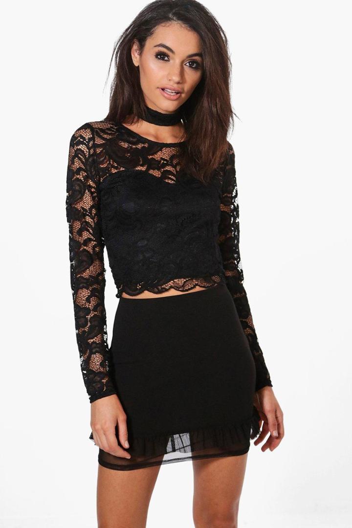 Boohoo Rebecca Scallop Lace Choker Crop Black