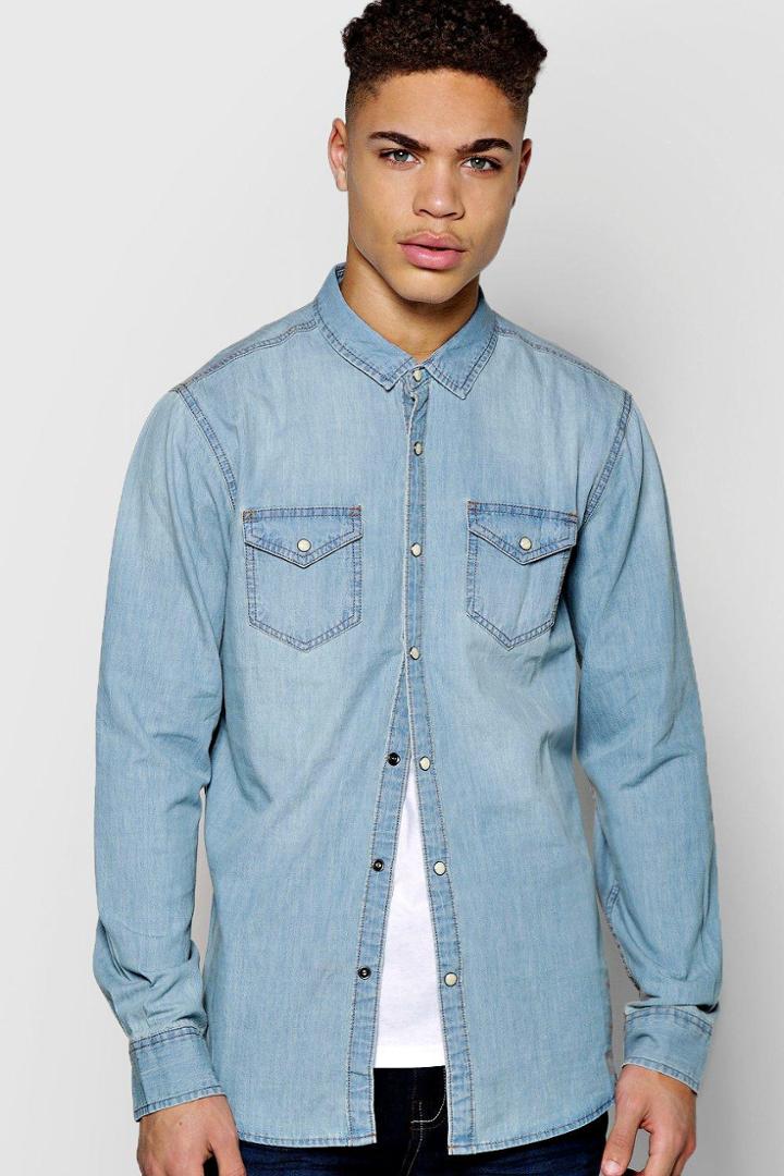 Boohoo Long Sleeve Mid Wash Denim Shirt Blue