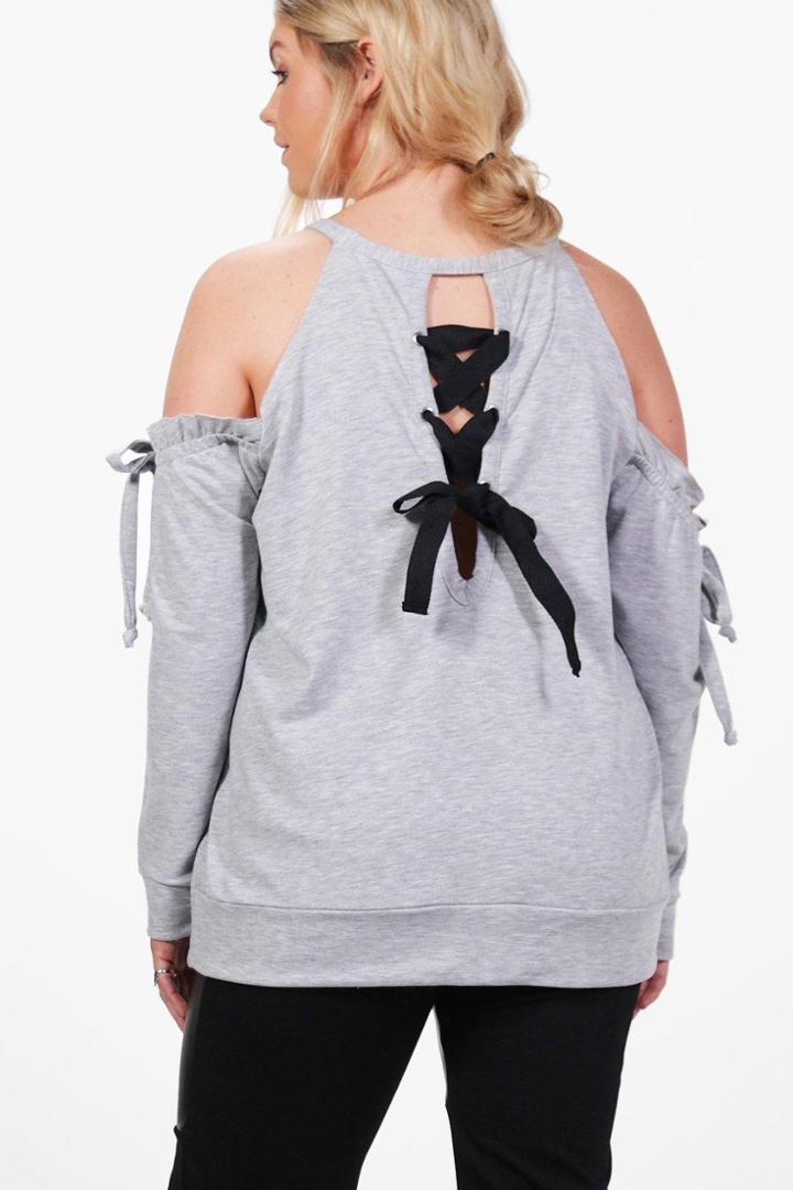 Boohoo Plus Katrina Ruffle Sleeve Tie Back Sweat Top Grey