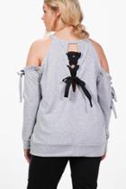 Boohoo Plus Katrina Ruffle Sleeve Tie Back Sweat Top Grey