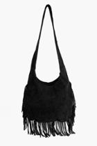 Boohoo Ava Suedette Fringed Oversize Saddle Bag Black