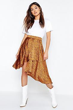 Boohoo Leopard Satin  Asymmetric Midaxi Skirt