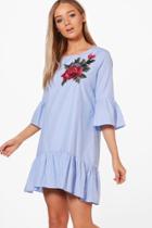 Boohoo Felicity Embroidered Frill Hem Woven Shift Dress Blue