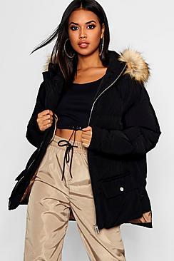 Boohoo Faux Fur Trim Hood Oversized Puffer Jacket