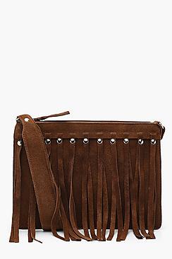 Boohoo Mia Real Suede Studded Tassel Cross Body