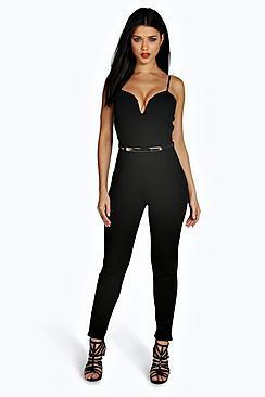 Boohoo Plunge Belted Jumpsuit