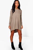Boohoo Bonnie Dip Hem Cotton Shift Dress Mocha