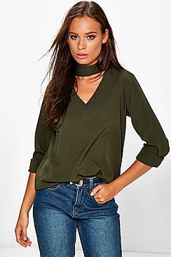 Boohoo Roxy Woven Choker Neck Blouse