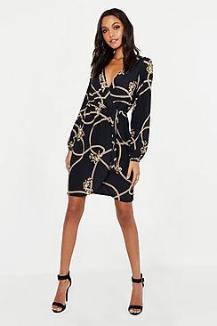 Boohoo Tall Chain Mixed Print Wrap Midi Dress