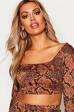Boohoo Plus Tan Snakeprint Long Sleeve Crop