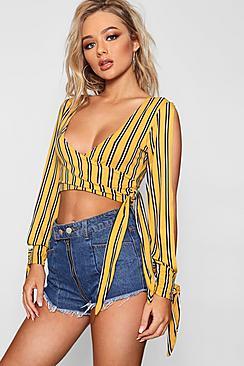 Boohoo Gabby Stripe Wrap Split Sleeve Top
