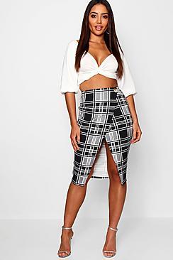 Boohoo Checked Wrap Horn Button Midi Skirt