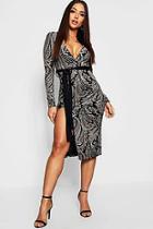 Boohoo Foiled Velvet Paisley Kimono Sleeve Midi Dress