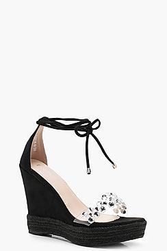 Boohoo Sarah Clear Embellished Strap Wedges