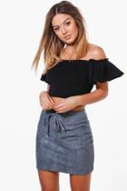 Boohoo Petite Lucy Lace Up Front Suedette Mini Skirt Denim
