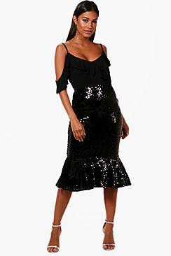 Boohoo Sequin Ruffle Hem Midi Skirt