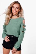 Boohoo Alexandra Distressed Cold Shoulder Crop Jumper Sage