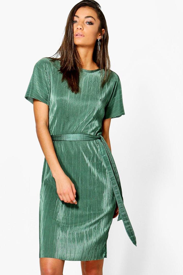 Boohoo Tall Leah Pleated Midi Dress Khaki