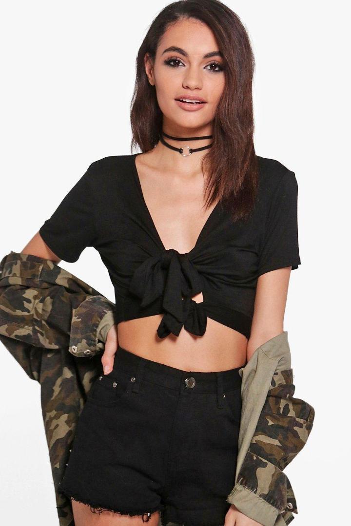 Boohoo Isobel Tie Front Crop Black
