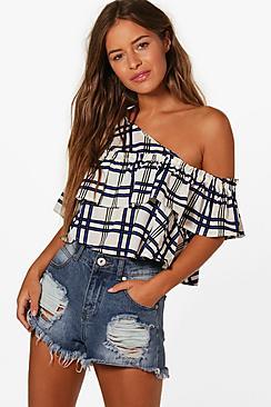 Boohoo Petite Bianca Check Asymmetric Frill Crop Top