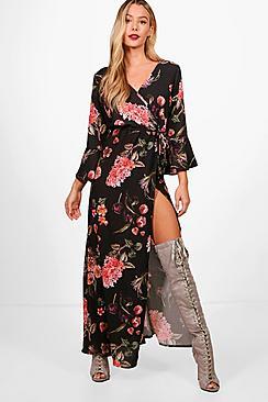 Boohoo Rebecca Floral Wrap Ruffle Sleeve Maxi Dress