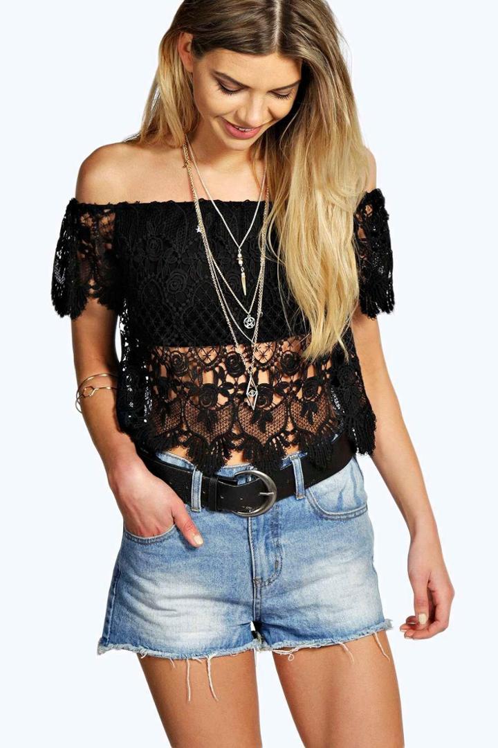 Boohoo Felicity Crochet Off The Shoulder Top Black