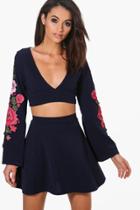 Boohoo Danielle Embroidered Sleeve Crop Top & Skirt Co-ord Set Navy