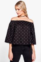 Boohoo Abigail Star Print Cotton Bardot Top Black