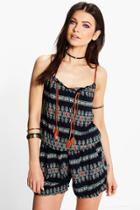 Boohoo Megan Plaited Strap Printed Playsuit Navy