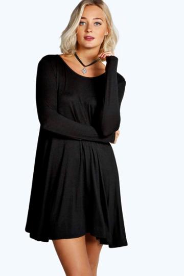 Boohoo Florance Long Sleeve Scoop Neck Swing Dress Black