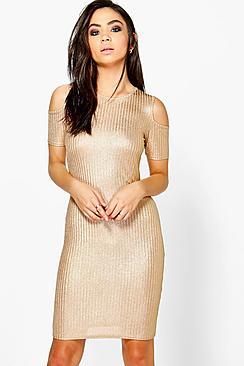 Boohoo Lucy Rib Cold Shoulder Dress