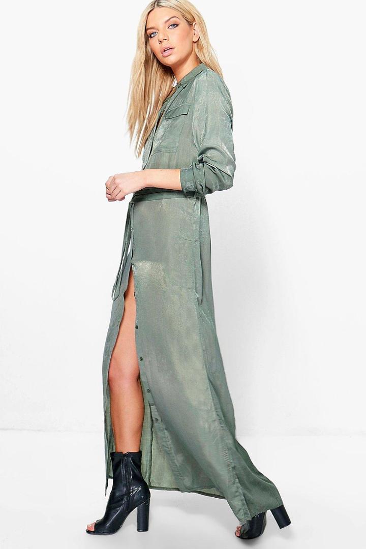 Boohoo Eleanor Utility Maxi Shirt Dress Moss